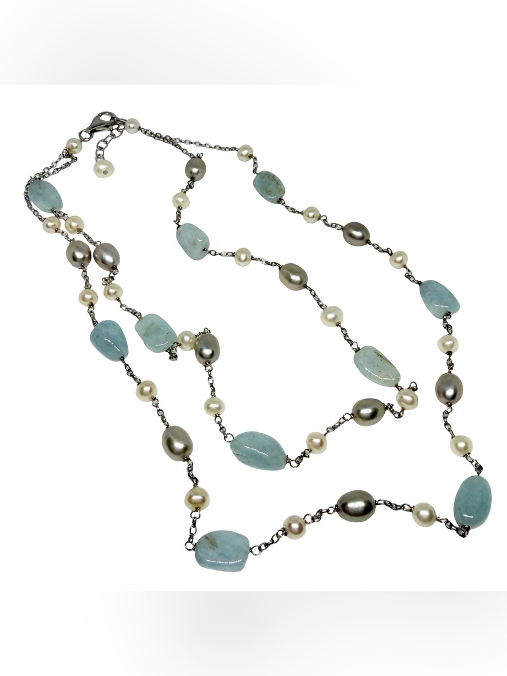 Aquamarine and Pearl Station Necklace - Women Jewelry